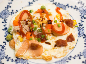 High angle view of breakfast served on table