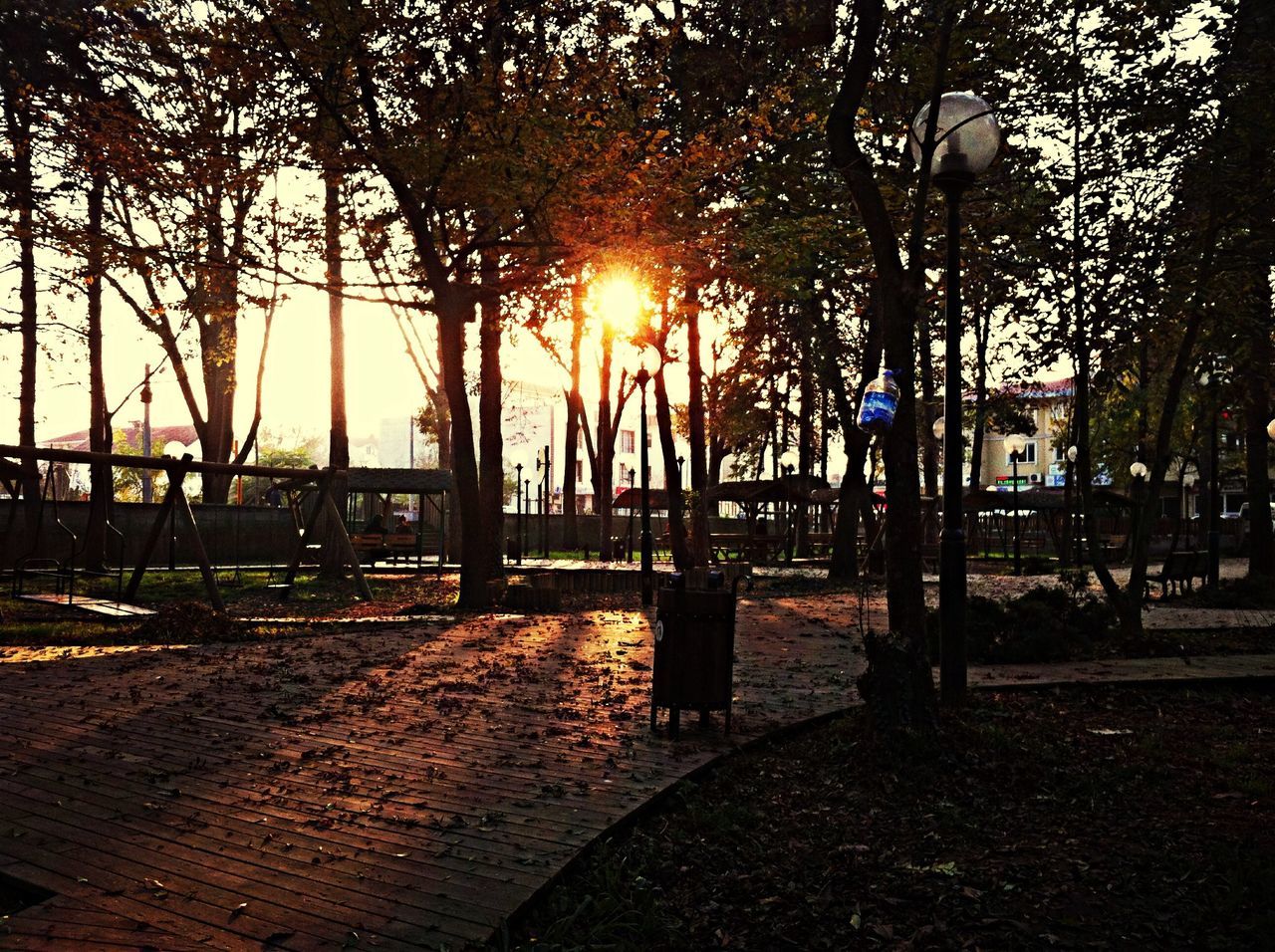 tree, sunlight, street light, sun, built structure, sunset, park - man made space, shadow, railing, silhouette, architecture, nature, footpath, sunbeam, illuminated, outdoors, lighting equipment, lens flare, growth, bridge - man made structure