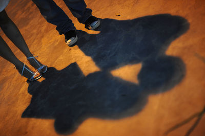 Low section of man walking with shadow