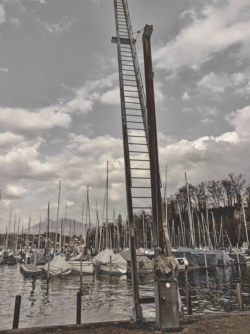 SAILBOATS MOORED AT HARBOR