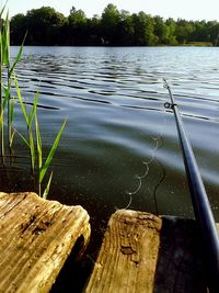 Close-up of wood by lake