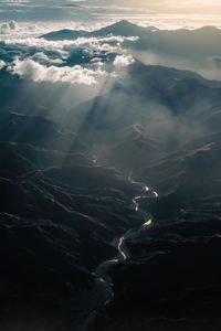 Aerial view of mountain range against sky