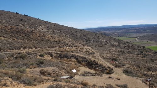 High angle view of land against sky