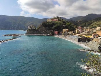 Scenic view of sea and mountains against sky