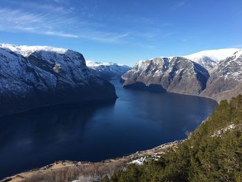 High angle view of river amidst snowcapped mountains during winter