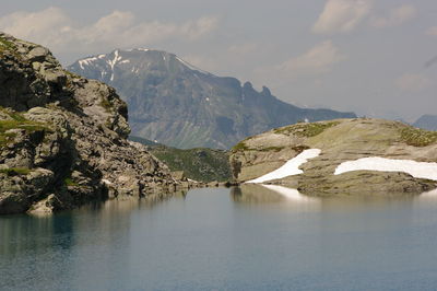Scenic view of lake by mountains against sky