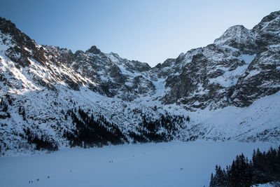 Scenic view of snowcapped mountains against clear sky