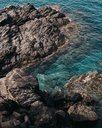 High angle view of rocks on sea shore