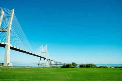 Bridge over field against clear blue sky