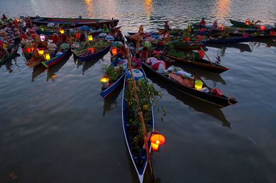 High angle view of vendors in boats on river