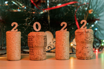 Close-up of christmas lights on table