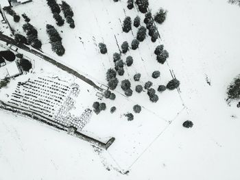 Aerial view of snow covered landscape during winter