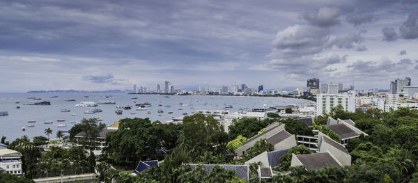 High angle view of buildings and trees against sky