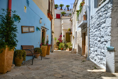 A small street in casamassima, a village with blue-colored houses in the puglia region of italy.