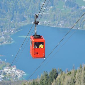 Overhead cable car over mountain range