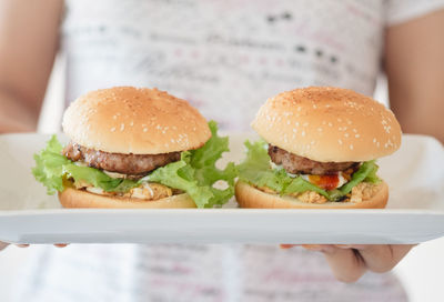 Close-up of hand holding burger