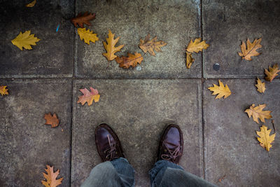 Low section of man standing by autumn leaves on footpath