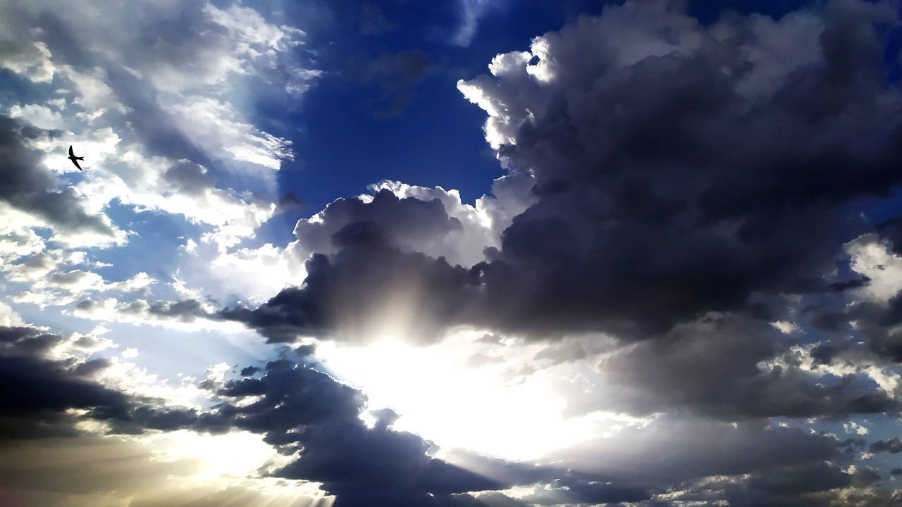 cloud - sky, sky, beauty in nature, low angle view, tranquility, scenics - nature, sunlight, tranquil scene, nature, no people, sunbeam, day, cloudscape, outdoors, dramatic sky, idyllic, backgrounds, blue, storm, streaming, meteorology