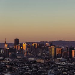 City skyline at sunset