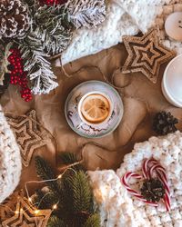 High angle view of christmas decorations on table