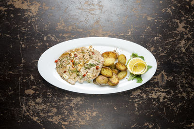 High angle view of meal served on table