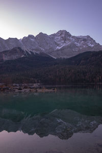 Scenic view of lake by mountains against sky