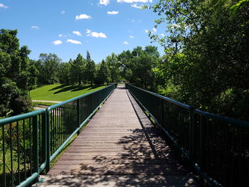 Diminishing perspective of footbridge amidst trees against sky in park during sunny day