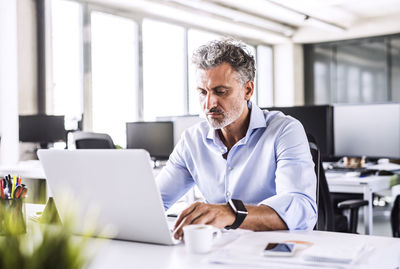 Mature businessman sitting at desk in office using laptop