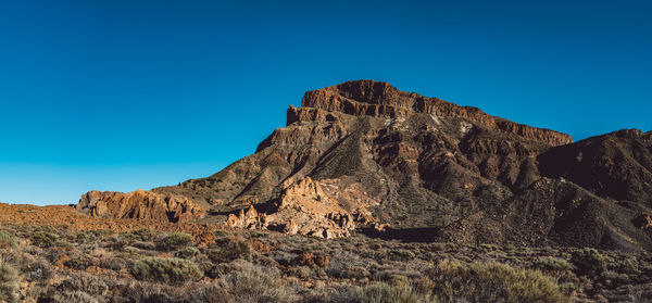 Rock formations against clear blue sky