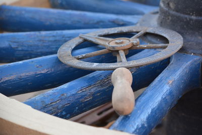 Close-up of old metallic equipment on wagon wheel