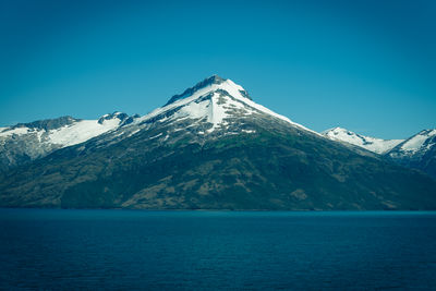 Scenic view of snowcapped mountains against clear blue sky