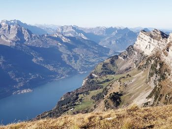 Scenic view of mountains against sky and lake