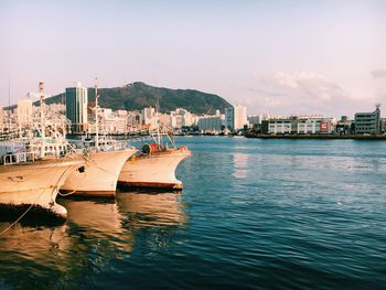 Boats moored in sea against buildings in city