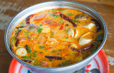 High angle view of soup in bowl on table