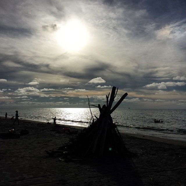 sea, beach, horizon over water, sky, water, shore, sand, cloud - sky, scenics, tranquility, tranquil scene, beauty in nature, nature, silhouette, sun, cloudy, incidental people, cloud, sunlight, sunbeam