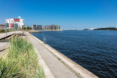 Scenic view of sea against clear blue sky