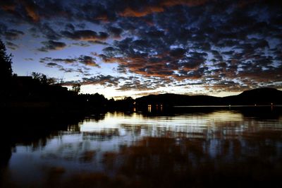 Scenic view of lake against sky at sunset