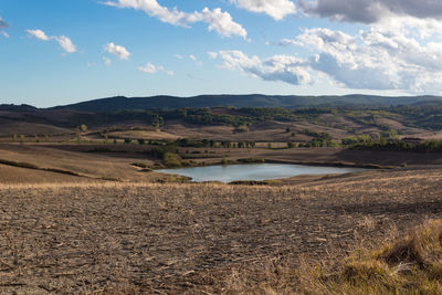 Scenic view of agricultural landscape against sky