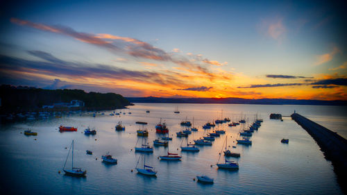 Sailboats in sea at sunset