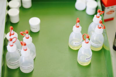 High angle view of chemicals in chemistry laboratory