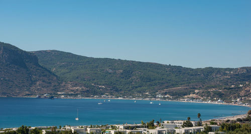 View over beach and bay of kefalos, kos greece