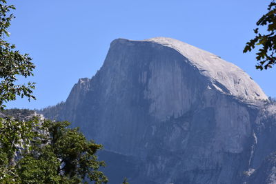 Low angle view of mountain against blue sky