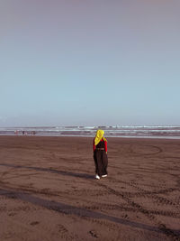 Rear view of man on beach against sky