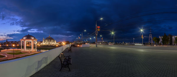Night summer view of tula city in russia with benches near riverbank
