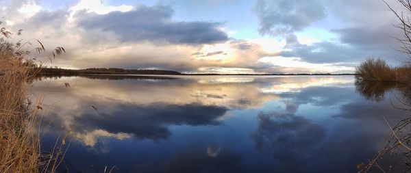 Panoramic view of lake against sky during sunset