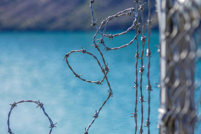 Close-up of barbed wire fence against blue sky