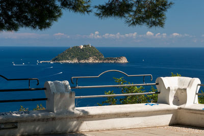 Scenic view of swimming pool by sea against sky