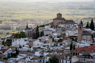 High angle view of houses in town