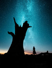 Silhouette woman standing by dead tree against sky during sunset