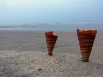 Close-up of ice cream on beach against sky